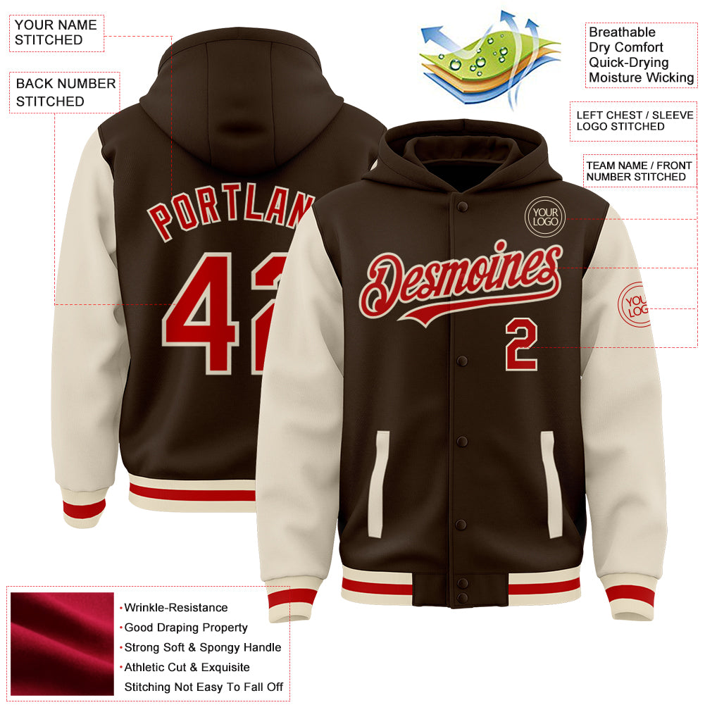 Custom Brown Red-Cream Bomber Full-Snap Varsity Letterman Two Tone Hoodie Jacket