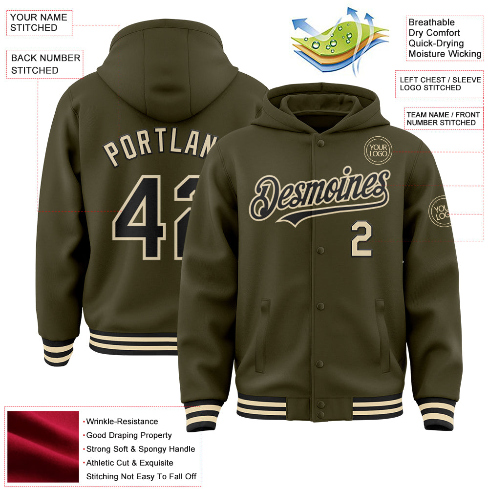 Custom Olive Black-Cream Bomber Full-Snap Varsity Letterman Salute To Service Hoodie Jacket