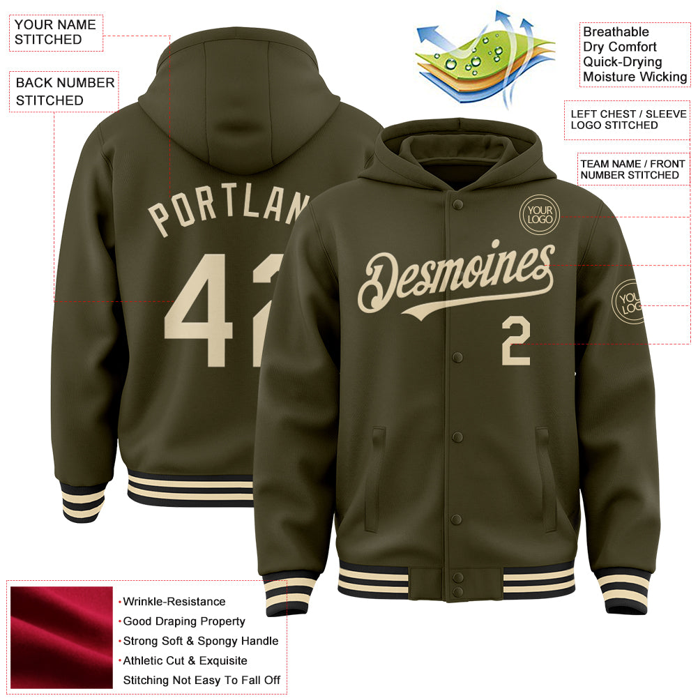 Custom Olive Cream-Black Bomber Full-Snap Varsity Letterman Salute To Service Hoodie Jacket