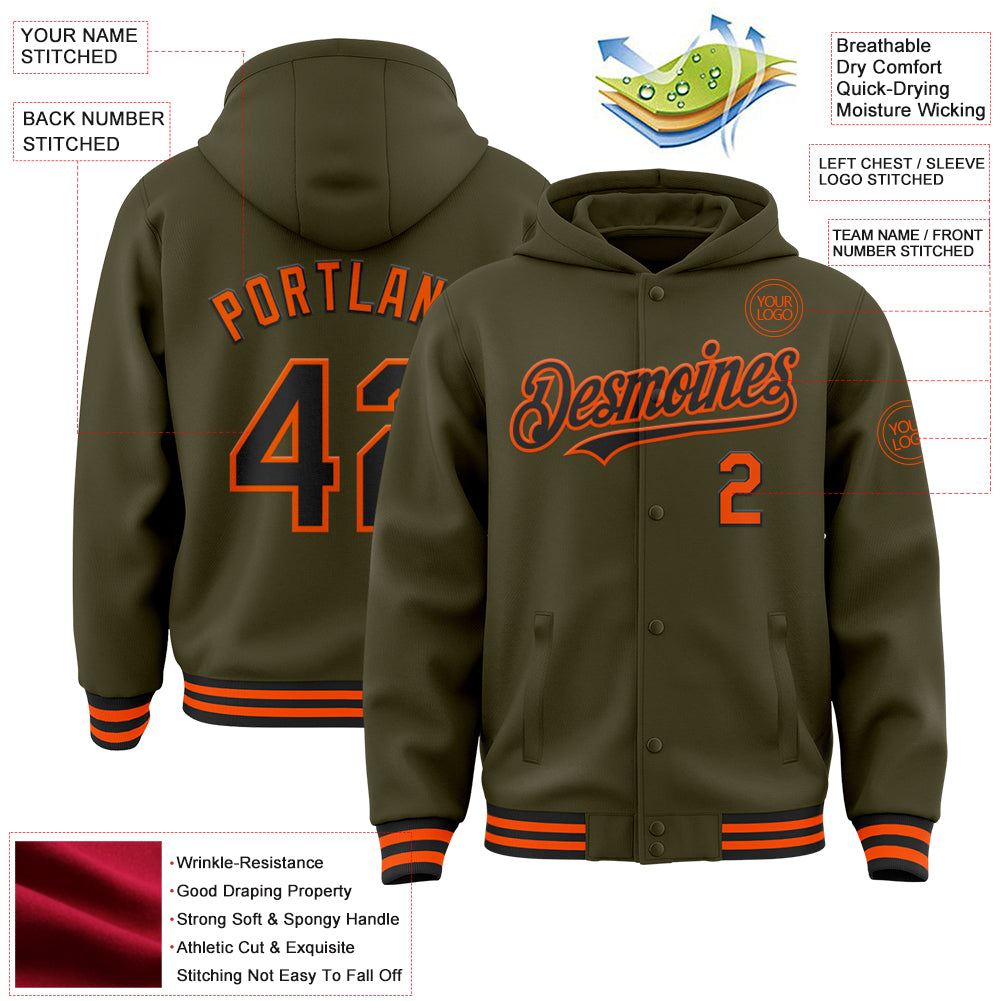 Custom Olive Black-Orange Bomber Full-Snap Varsity Letterman Salute To Service Hoodie Jacket