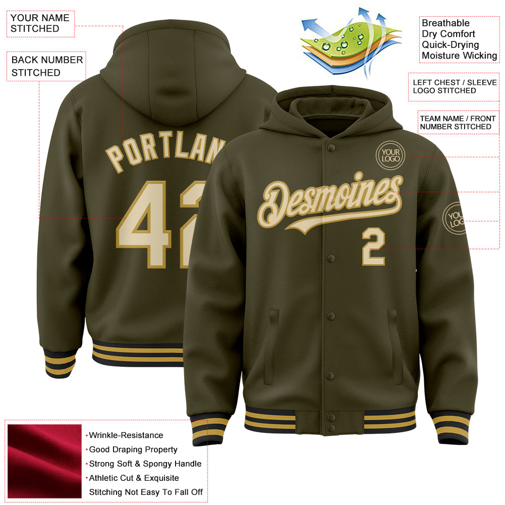 Custom Olive Cream Old Gold-Black Bomber Full-Snap Varsity Letterman Salute To Service Hoodie Jacket