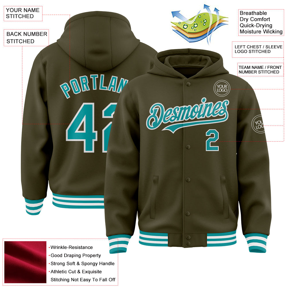 Custom Olive Teal-White Bomber Full-Snap Varsity Letterman Salute To Service Hoodie Jacket