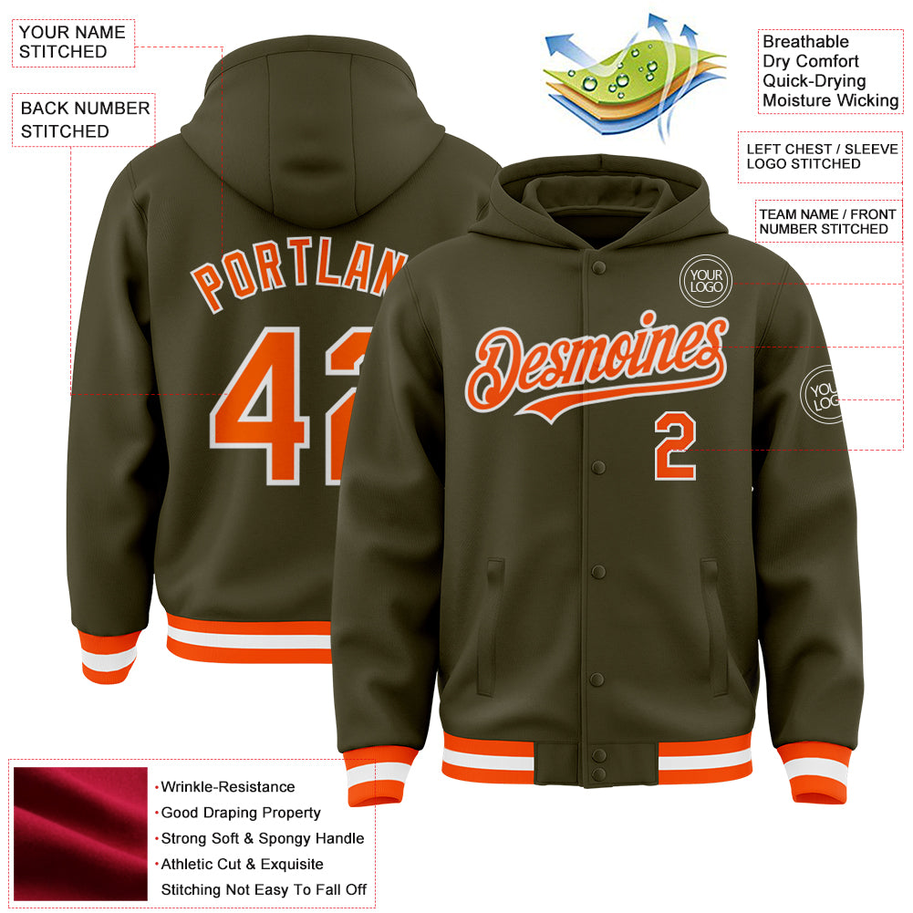 Custom Olive Orange-White Bomber Full-Snap Varsity Letterman Salute To Service Hoodie Jacket