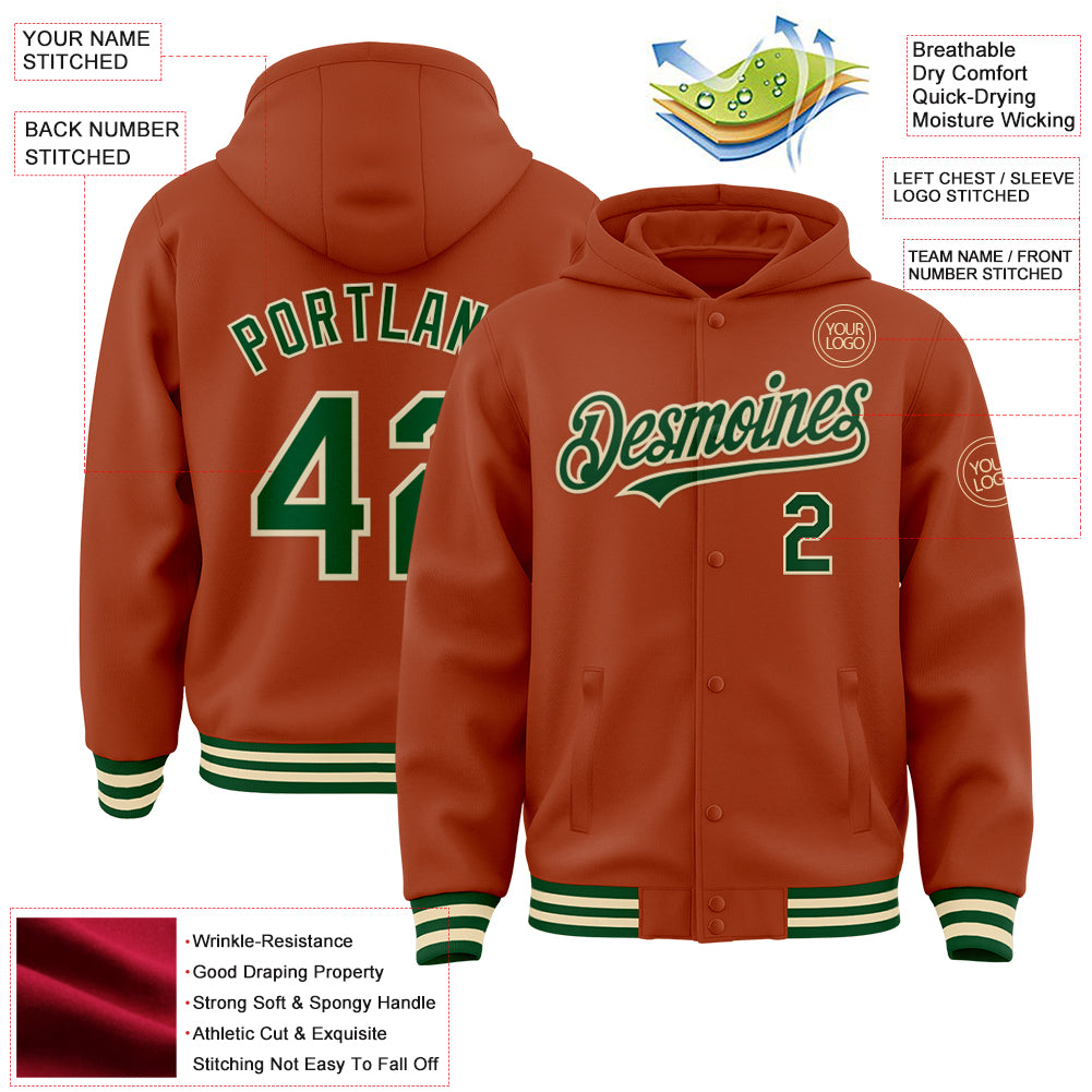 Custom Texas Orange Green-Cream Bomber Full-Snap Varsity Letterman Hoodie Jacket