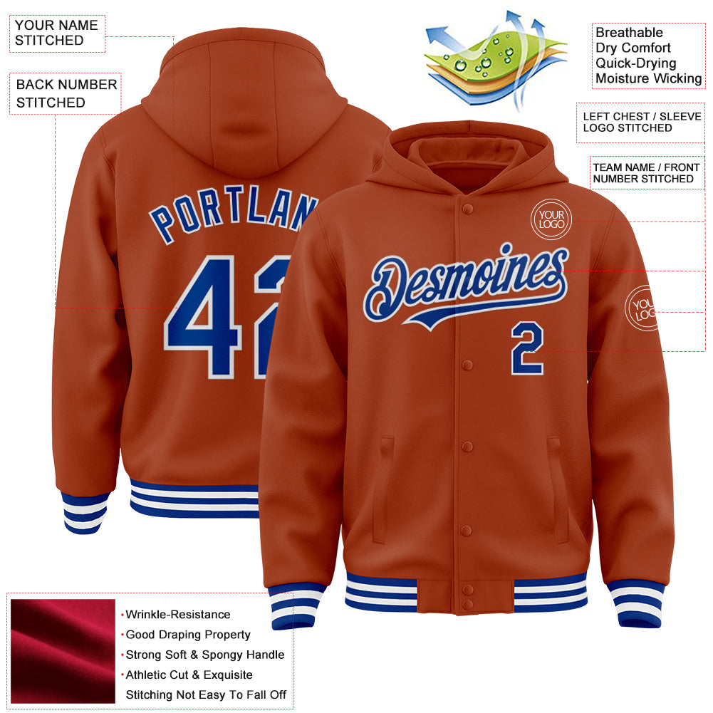 Custom Texas Orange Royal-White Bomber Full-Snap Varsity Letterman Hoodie Jacket