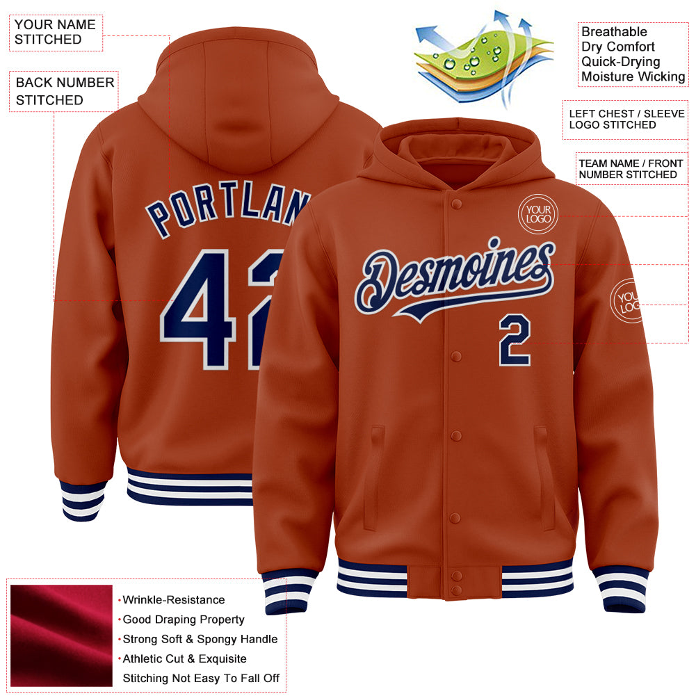 Custom Texas Orange Navy-White Bomber Full-Snap Varsity Letterman Hoodie Jacket