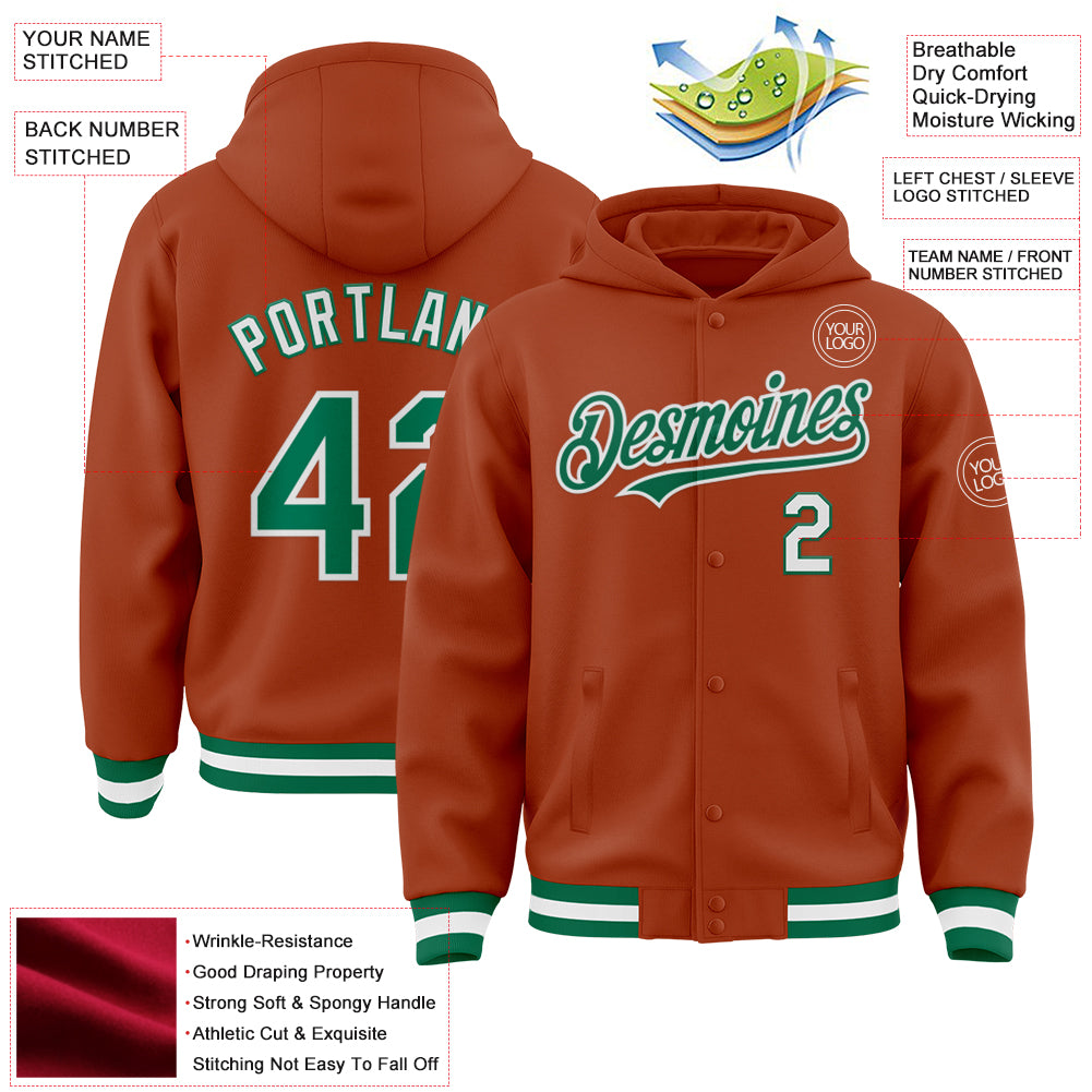 Custom Texas Orange Kelly Green-White Bomber Full-Snap Varsity Letterman Hoodie Jacket