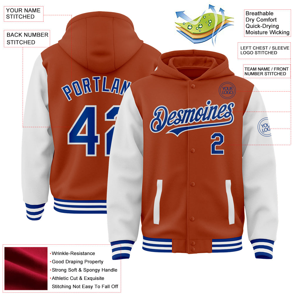 Custom Texas Orange Royal-White Bomber Full-Snap Varsity Letterman Two Tone Hoodie Jacket