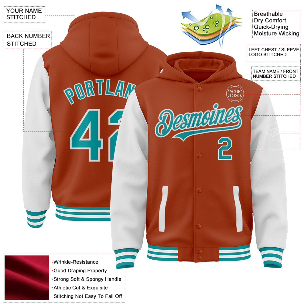 Custom Texas Orange Teal-White Bomber Full-Snap Varsity Letterman Two Tone Hoodie Jacket