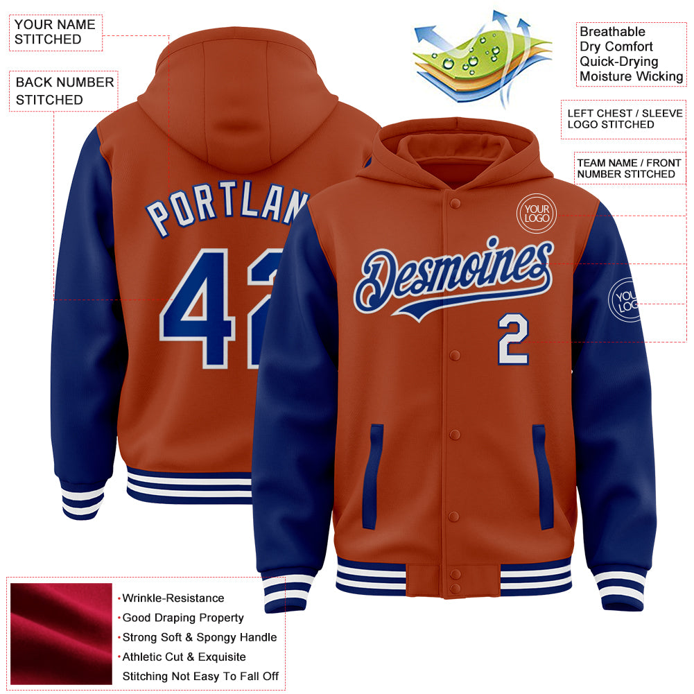 Custom Texas Orange Royal-White Bomber Full-Snap Varsity Letterman Two Tone Hoodie Jacket