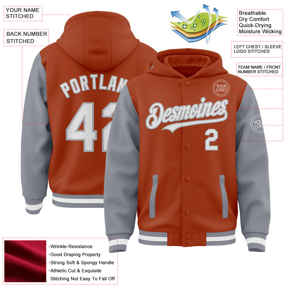 Custom Texas Orange White-Gray Bomber Full-Snap Varsity Letterman Two Tone Hoodie Jacket