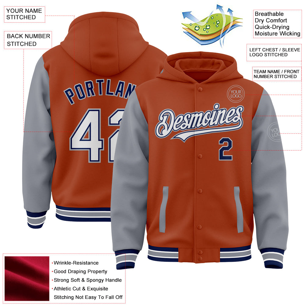 Custom Texas Orange Navy-Gray Bomber Full-Snap Varsity Letterman Two Tone Hoodie Jacket