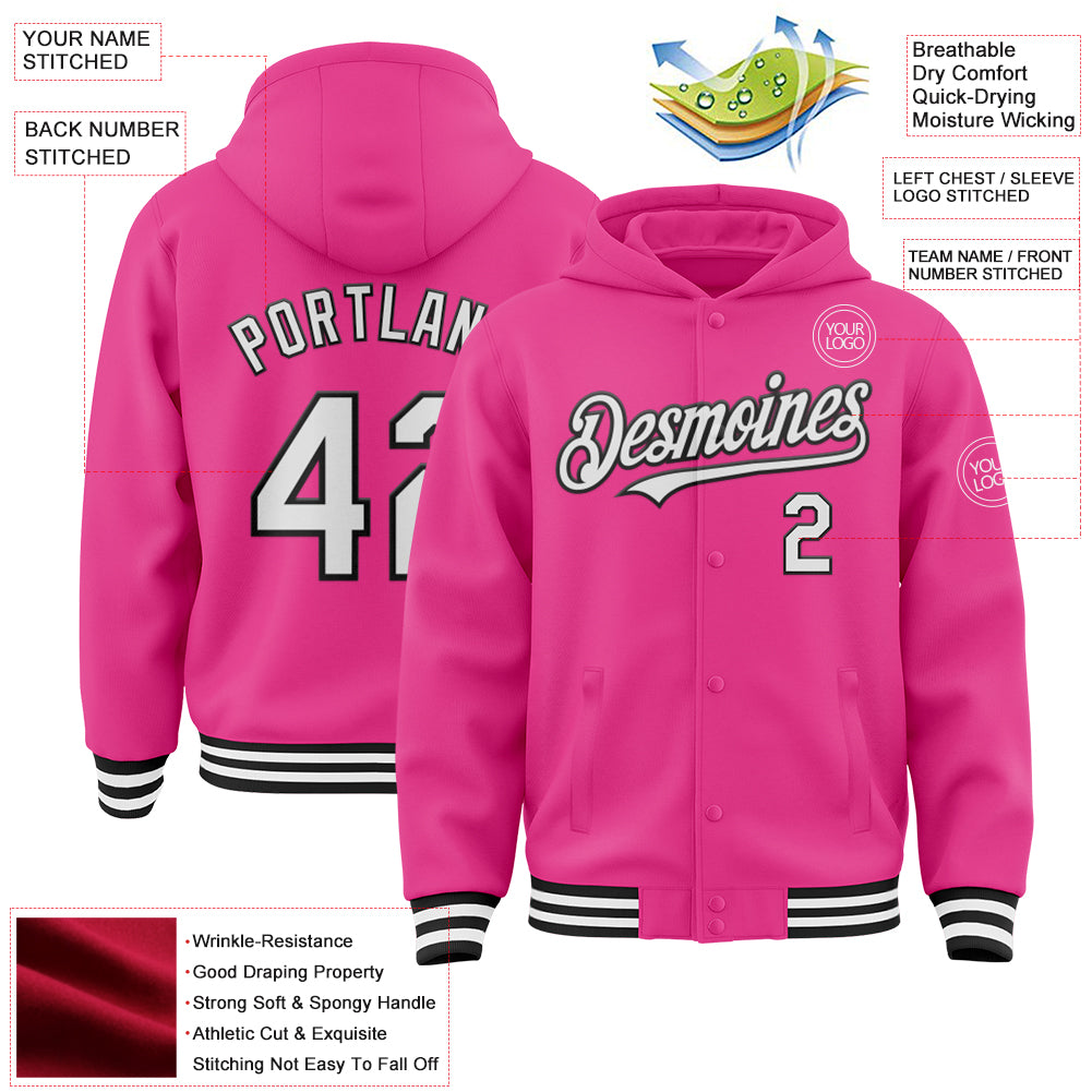 Custom Pink White-Black Bomber Full-Snap Varsity Letterman Hoodie Jacket