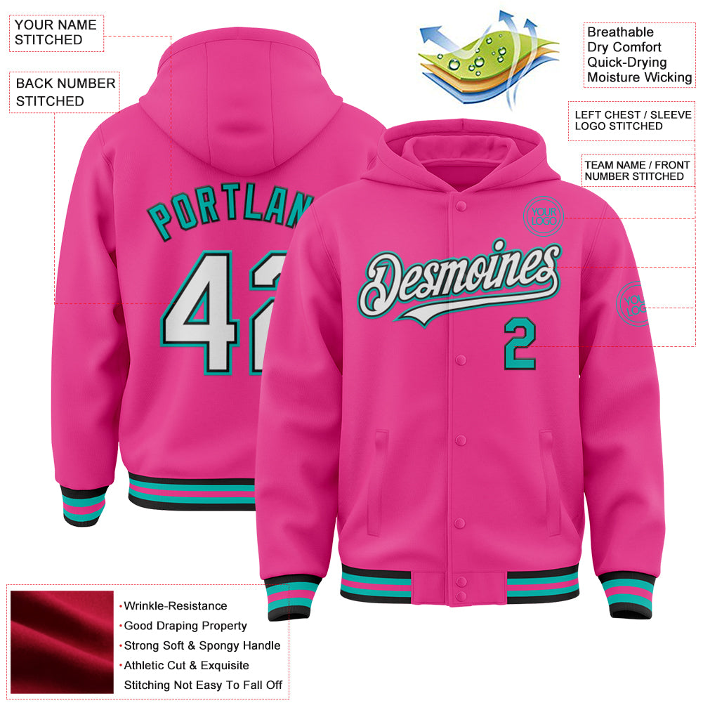 Custom Pink Black-Aqua Bomber Full-Snap Varsity Letterman Hoodie Jacket