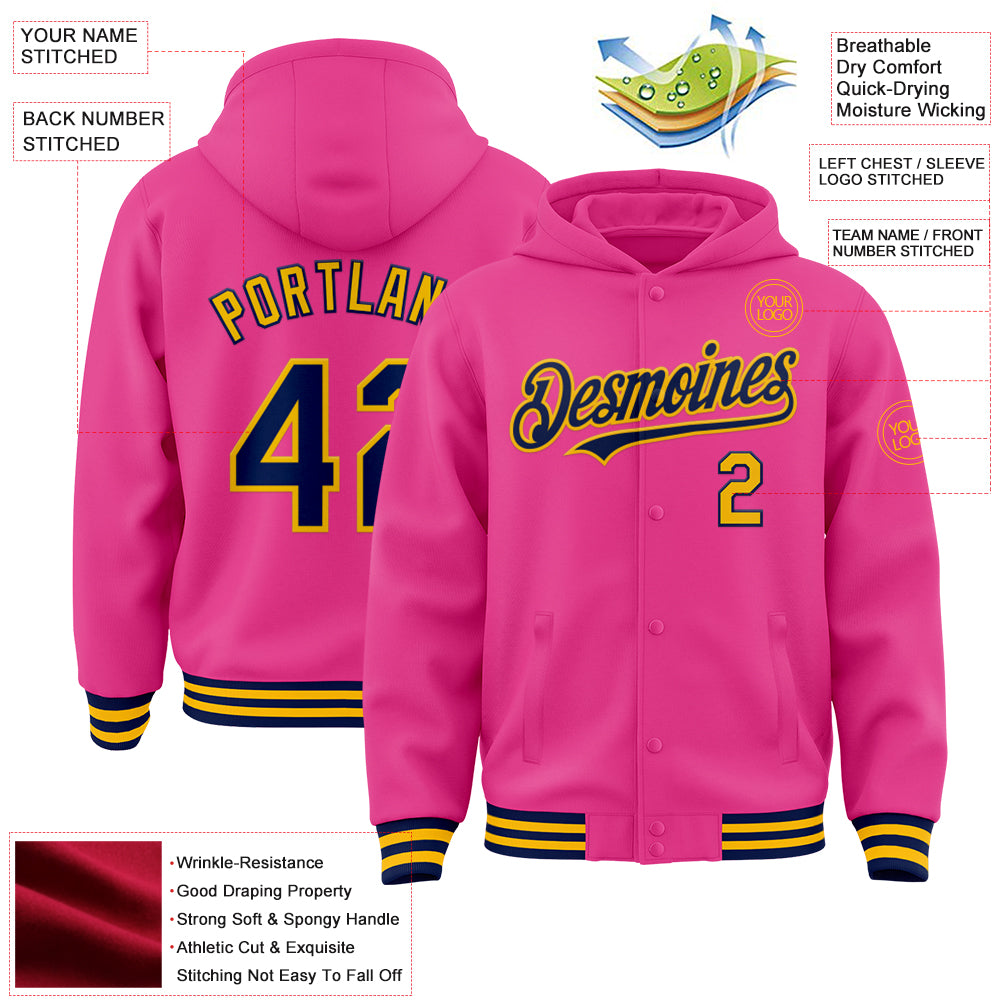 Custom Pink Navy-Gold Bomber Full-Snap Varsity Letterman Hoodie Jacket