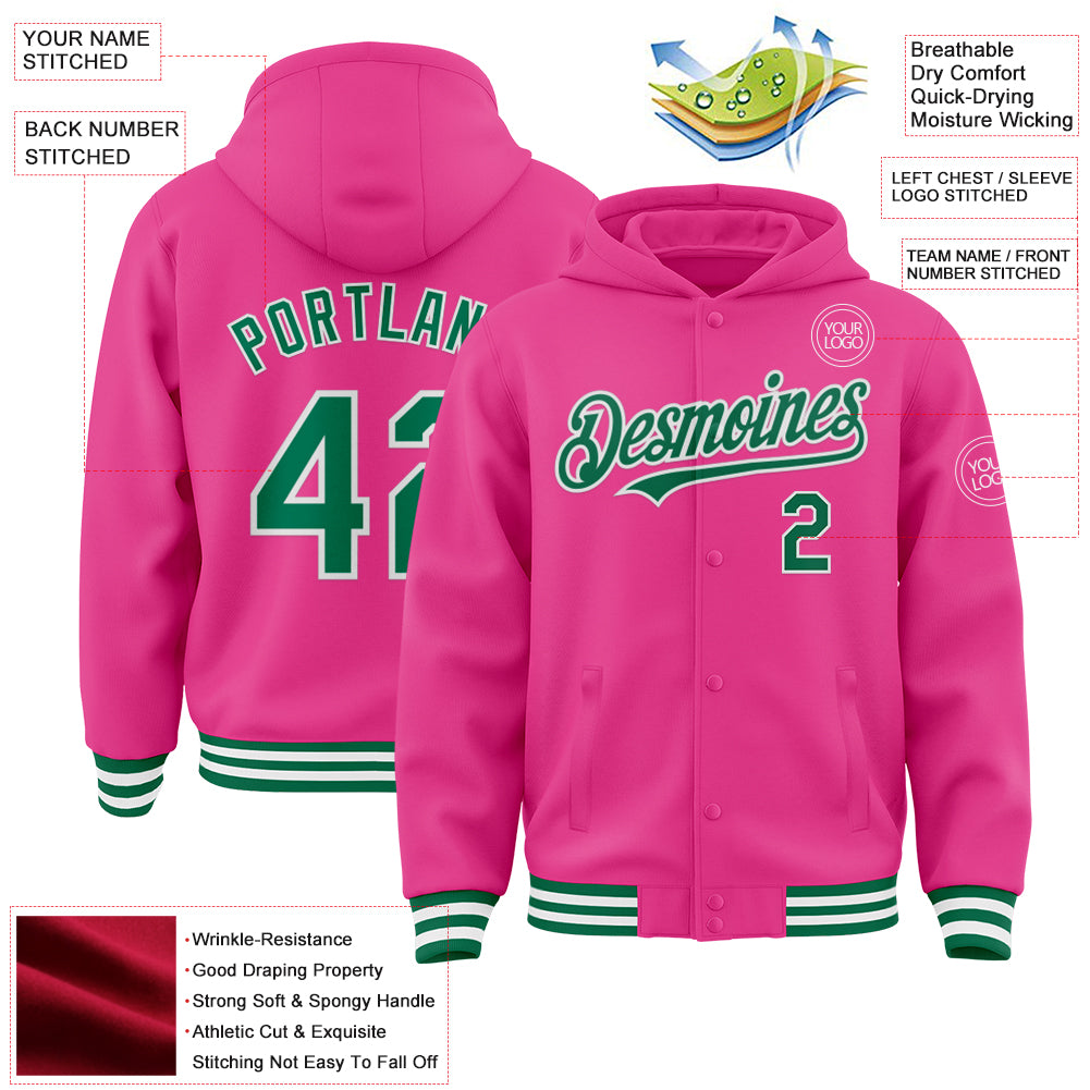 Custom Pink Kelly Green-White Bomber Full-Snap Varsity Letterman Hoodie Jacket