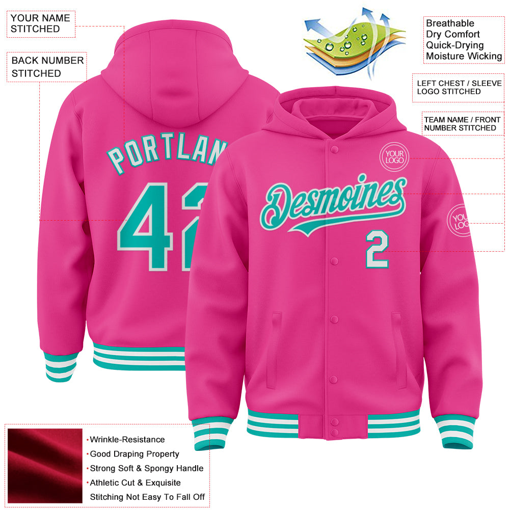 Custom Pink Aqua-White Bomber Full-Snap Varsity Letterman Hoodie Jacket