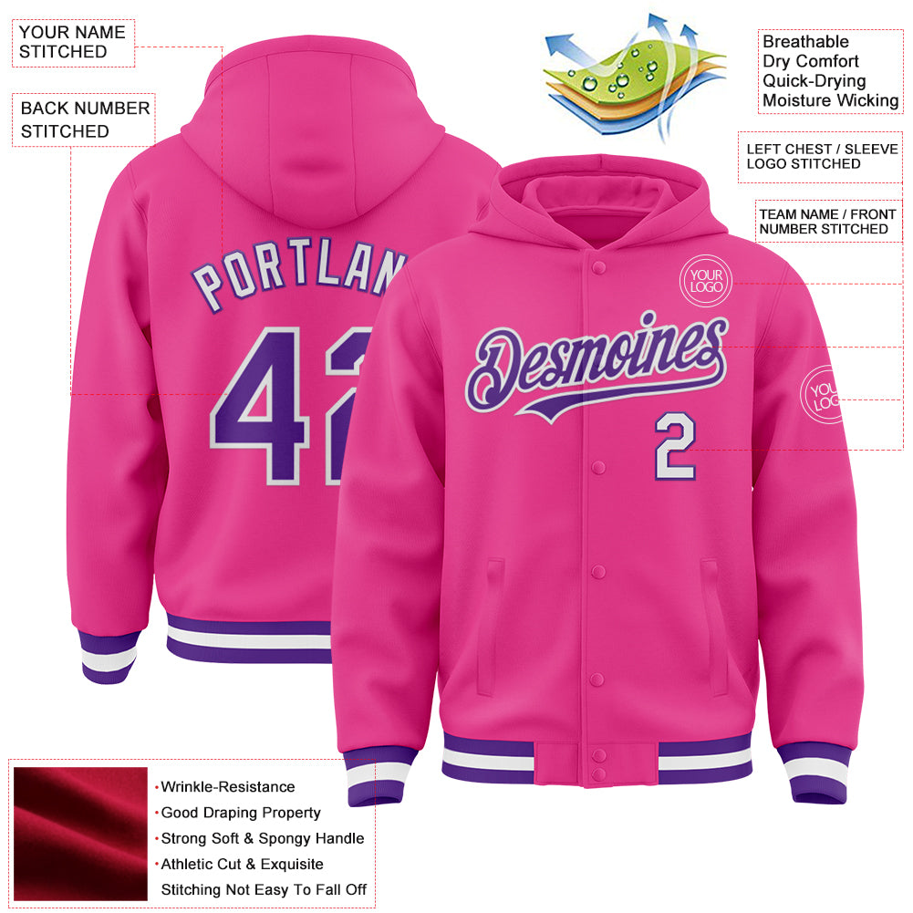 Custom Pink Purple-White Bomber Full-Snap Varsity Letterman Hoodie Jacket