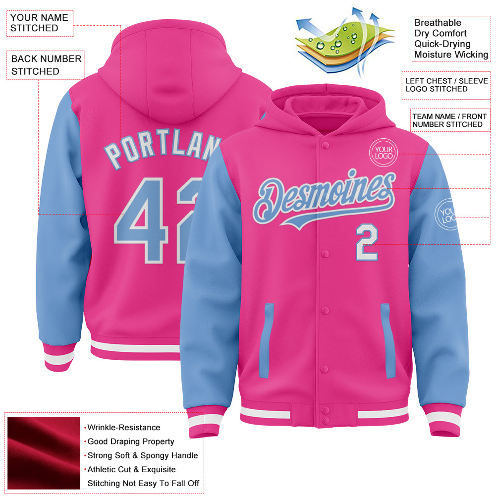 Custom Pink Light Blue-White Bomber Full-Snap Varsity Letterman Two Tone Hoodie Jacket