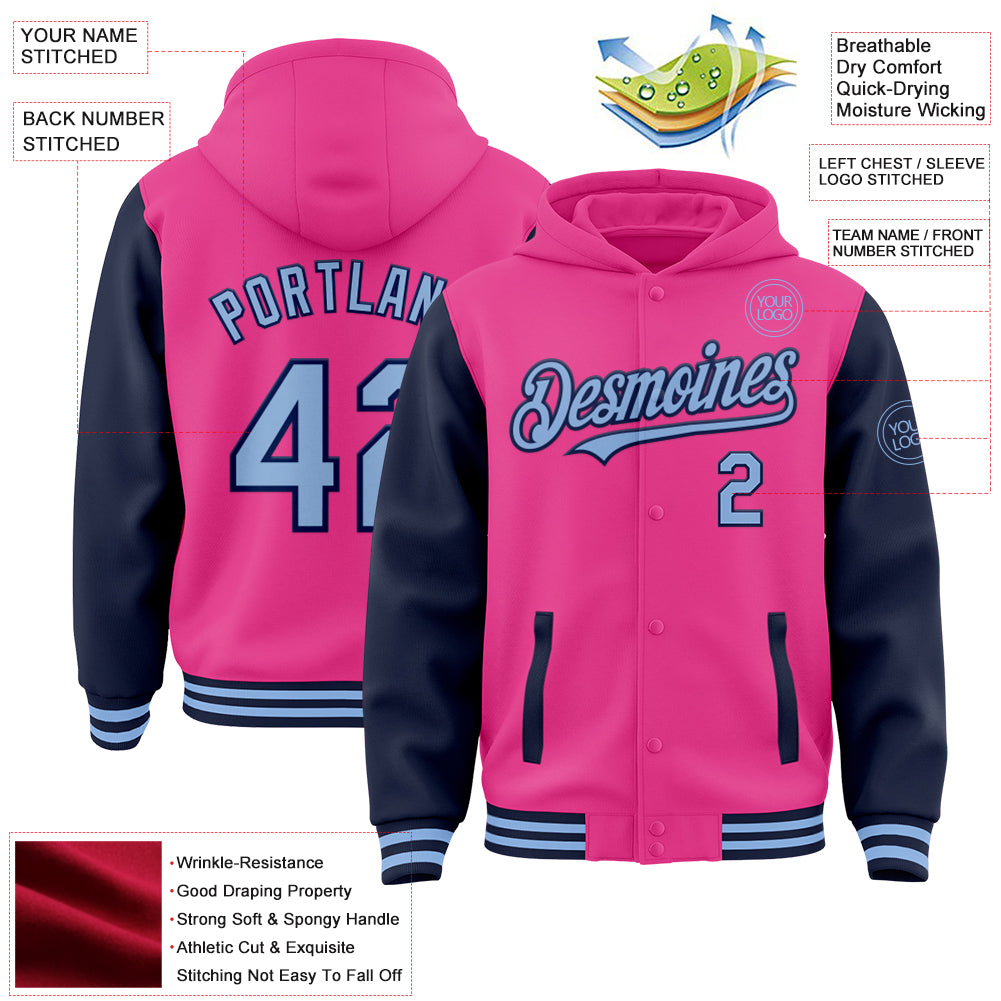 Custom Pink Light Blue-Navy Bomber Full-Snap Varsity Letterman Two Tone Hoodie Jacket