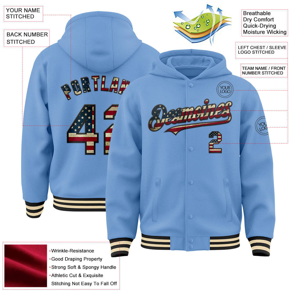 Custom Light Blue Vintage USA Flag Black-Cream Bomber Full-Snap Varsity Letterman Hoodie Jacket