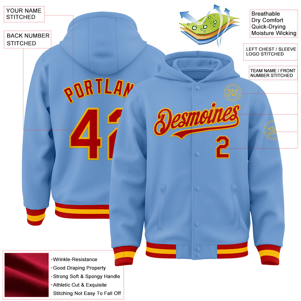 Custom Light Blue Red-Gold Bomber Full-Snap Varsity Letterman Hoodie Jacket