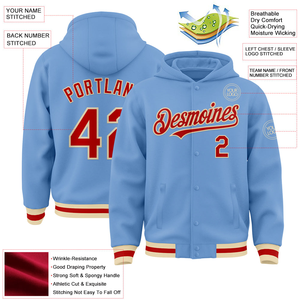 Custom Light Blue Red-Cream Bomber Full-Snap Varsity Letterman Hoodie Jacket