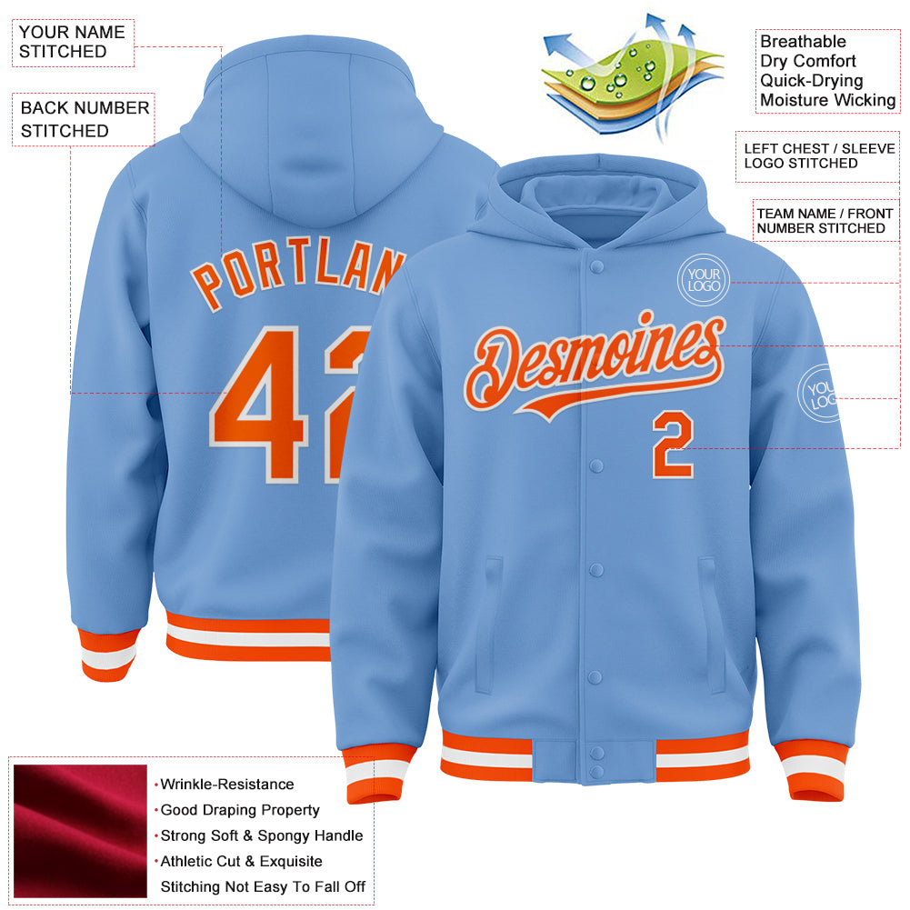 Custom Light Blue Orange-White Bomber Full-Snap Varsity Letterman Hoodie Jacket