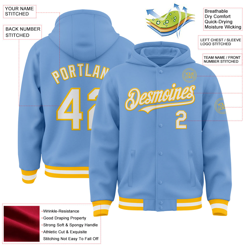 Custom Light Blue White-Gold Bomber Full-Snap Varsity Letterman Hoodie Jacket