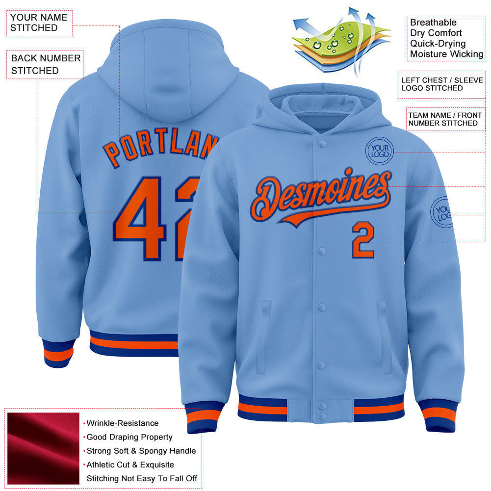 Custom Light Blue Orange-Royal Bomber Full-Snap Varsity Letterman Hoodie Jacket