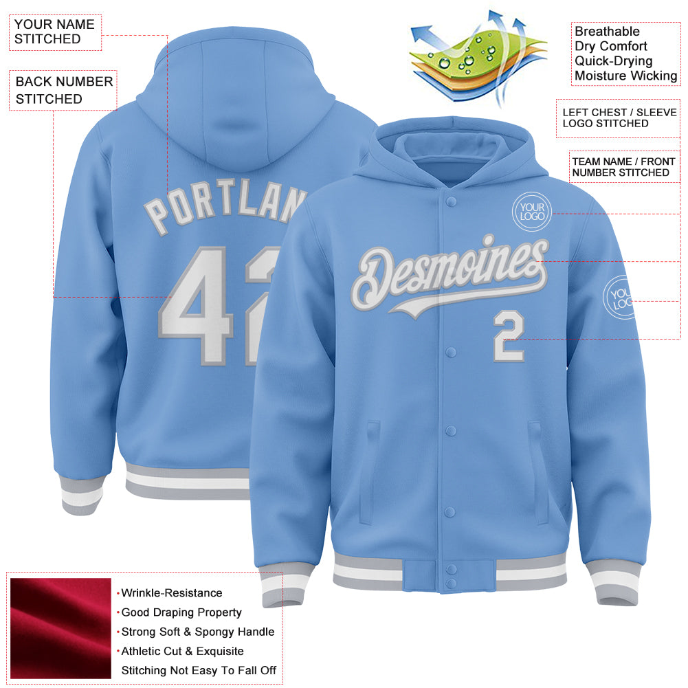 Custom Light Blue White-Gray Bomber Full-Snap Varsity Letterman Hoodie Jacket