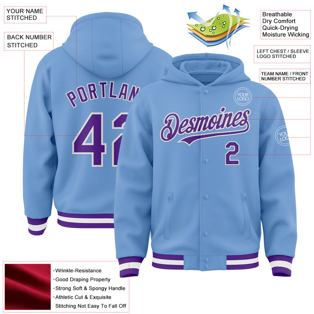 Custom Light Blue Purple-White Bomber Full-Snap Varsity Letterman Hoodie Jacket