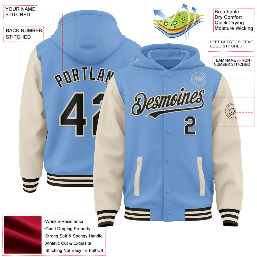 Custom Light Blue Black-Cream Bomber Full-Snap Varsity Letterman Two Tone Hoodie Jacket