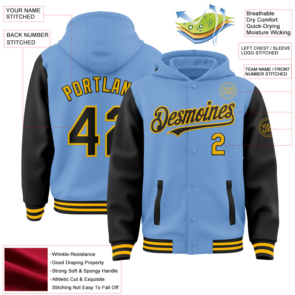 Custom Light Blue Black-Gold Bomber Full-Snap Varsity Letterman Two Tone Hoodie Jacket