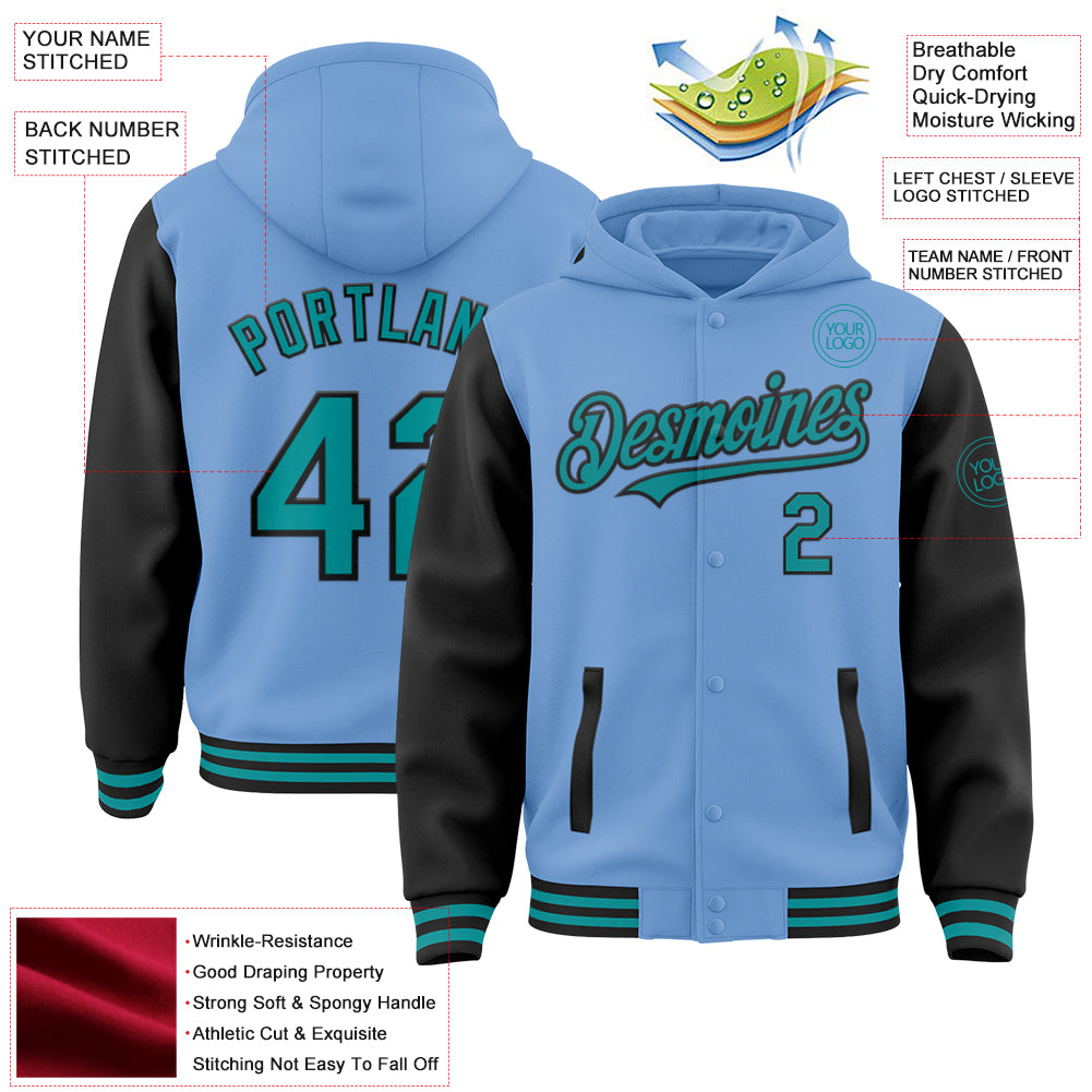 Custom Light Blue Teal-Black Bomber Full-Snap Varsity Letterman Two Tone Hoodie Jacket