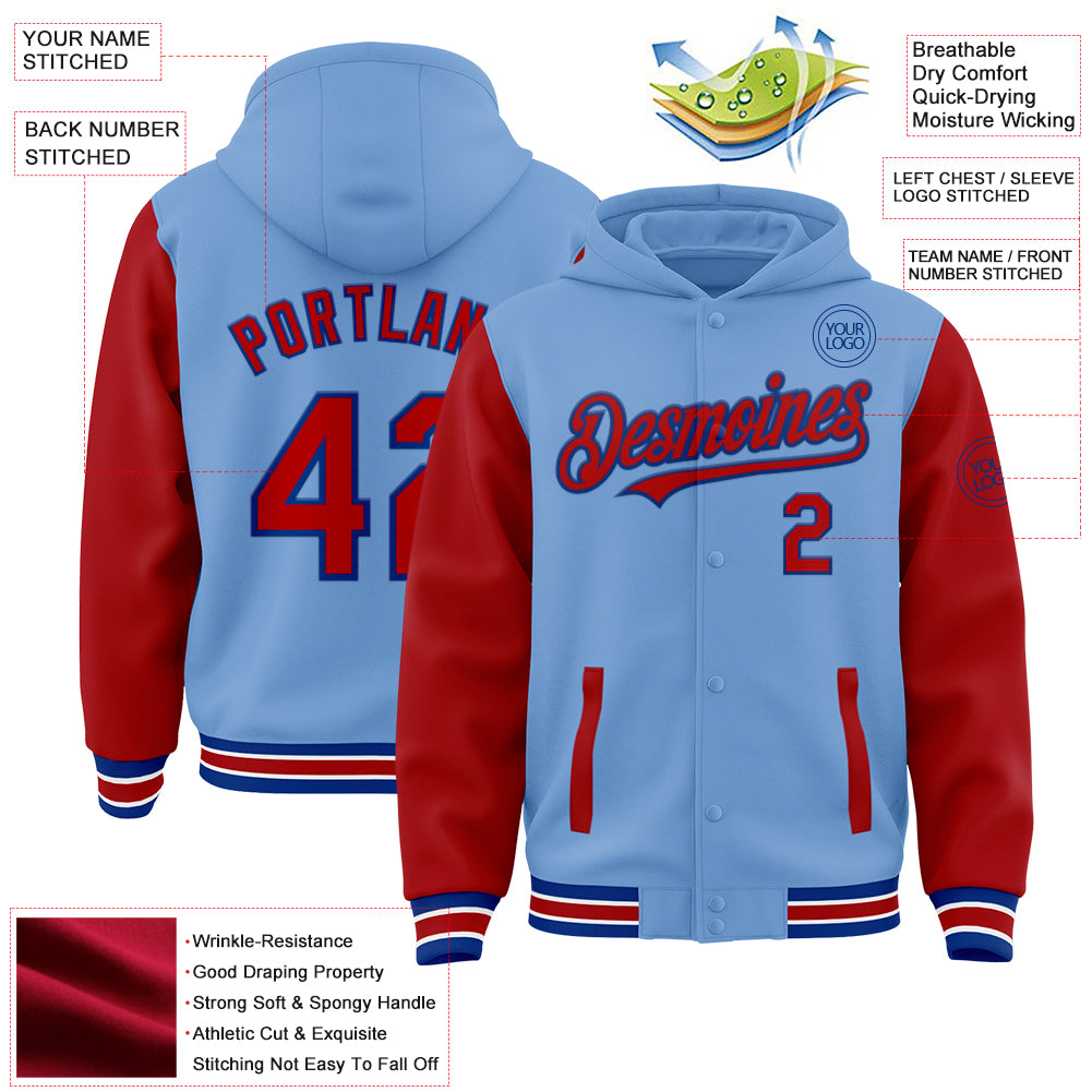 Custom Light Blue Red-Royal Bomber Full-Snap Varsity Letterman Two Tone Hoodie Jacket