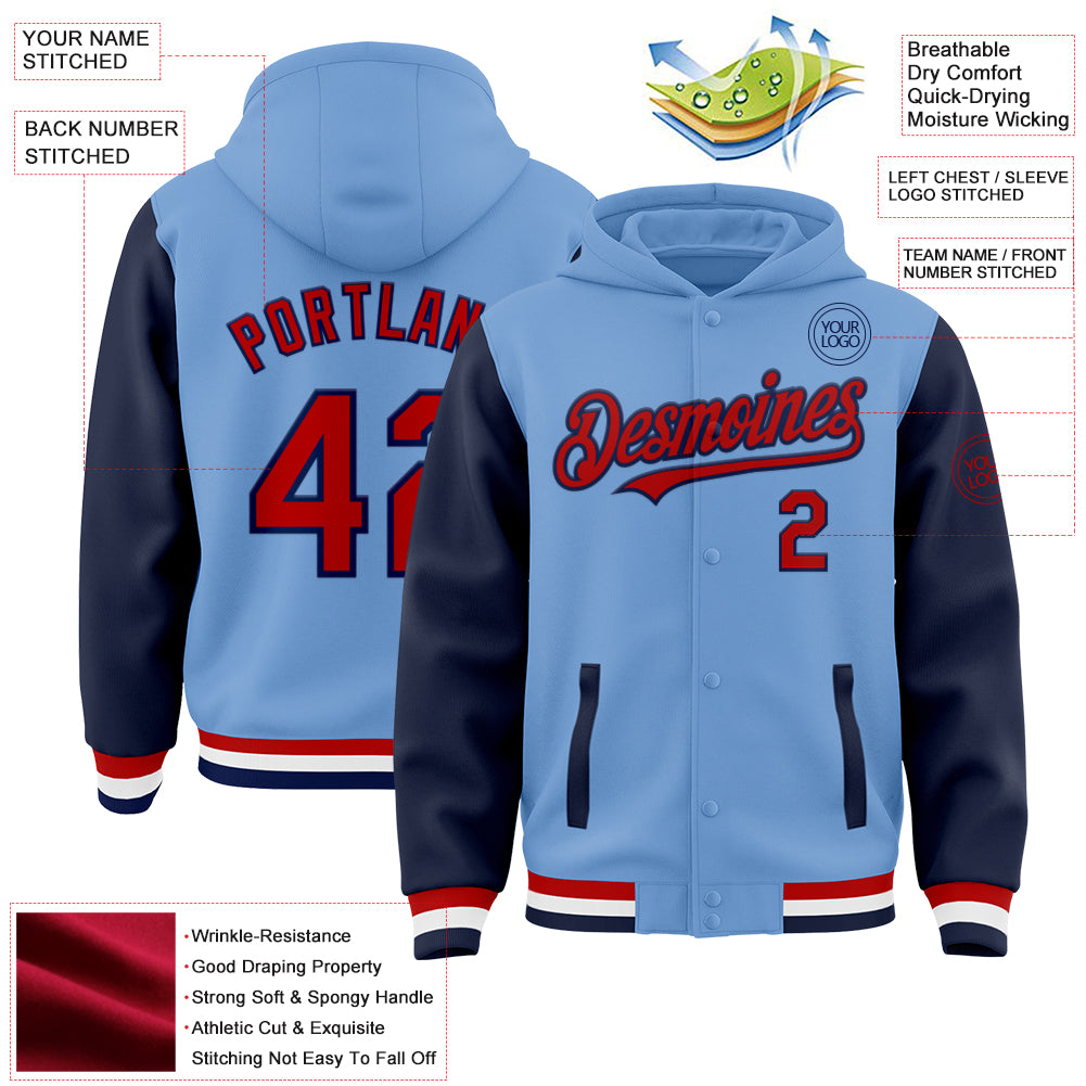 Custom Light Blue Red-Navy Bomber Full-Snap Varsity Letterman Two Tone Hoodie Jacket