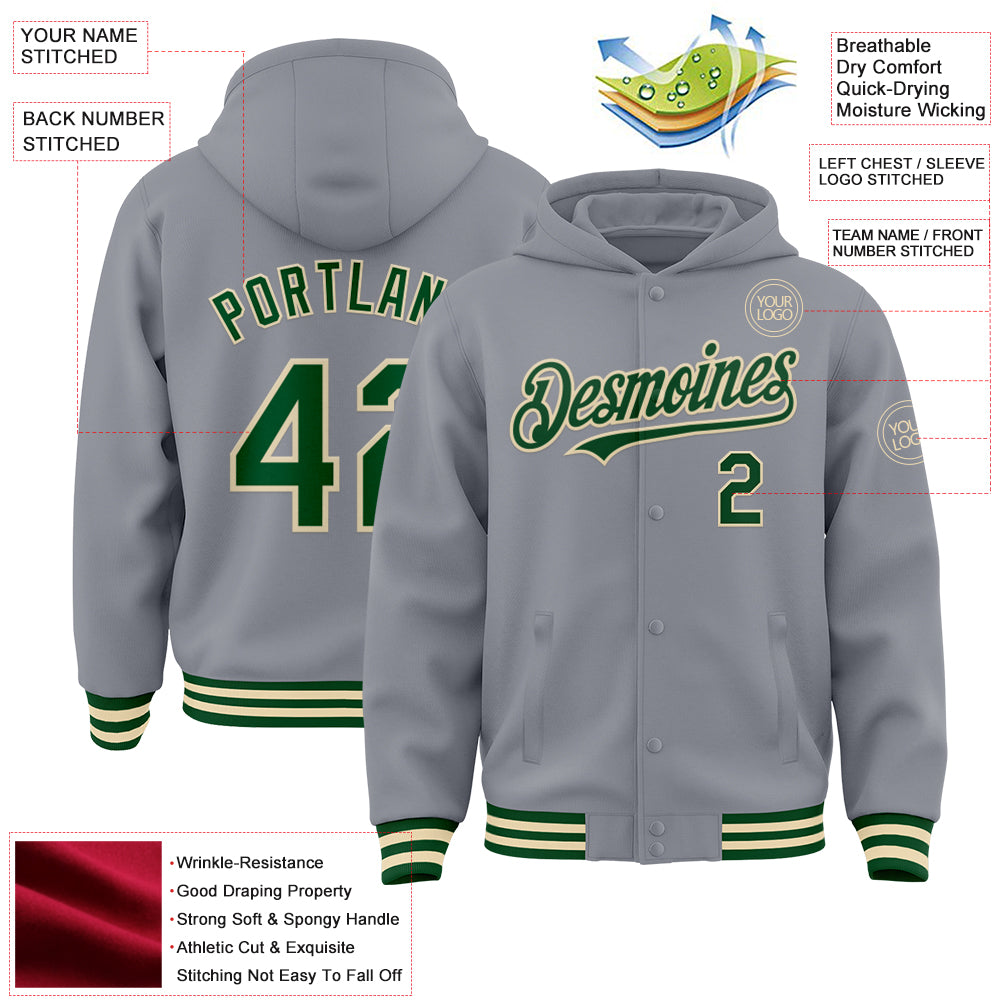 Custom Gray Green-Cream Bomber Full-Snap Varsity Letterman Hoodie Jacket