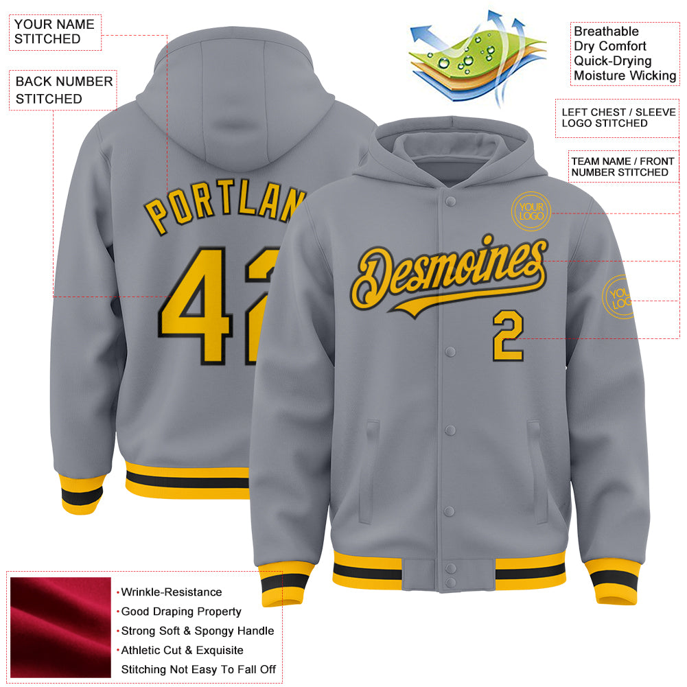 Custom Gray Gold-Black Bomber Full-Snap Varsity Letterman Hoodie Jacket