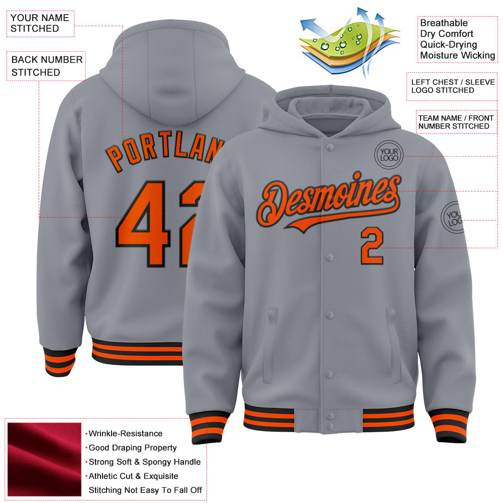 Custom Gray Orange-Black Bomber Full-Snap Varsity Letterman Hoodie Jacket