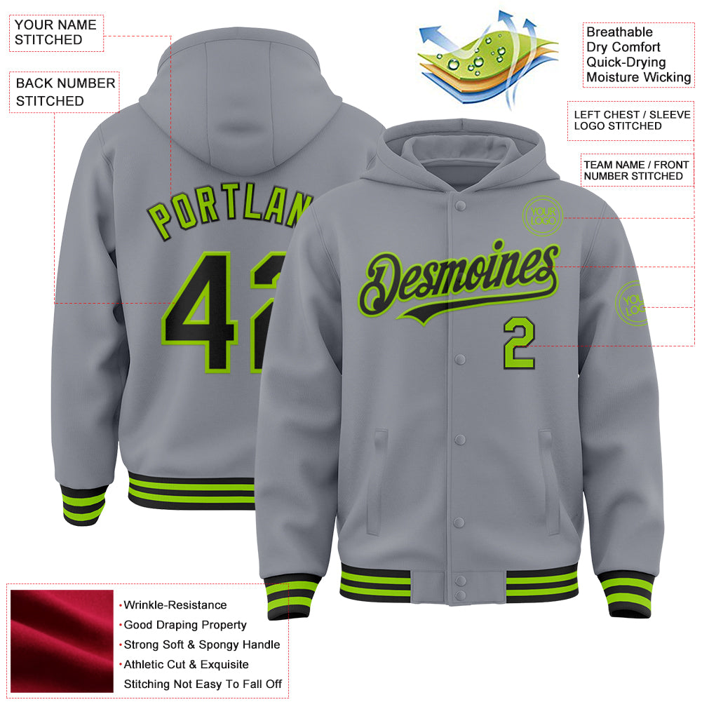 Custom Gray Black-Neon Green Bomber Full-Snap Varsity Letterman Hoodie Jacket