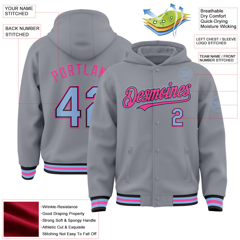 Custom Gray Light Blue Black-Pink Bomber Full-Snap Varsity Letterman Hoodie Jacket