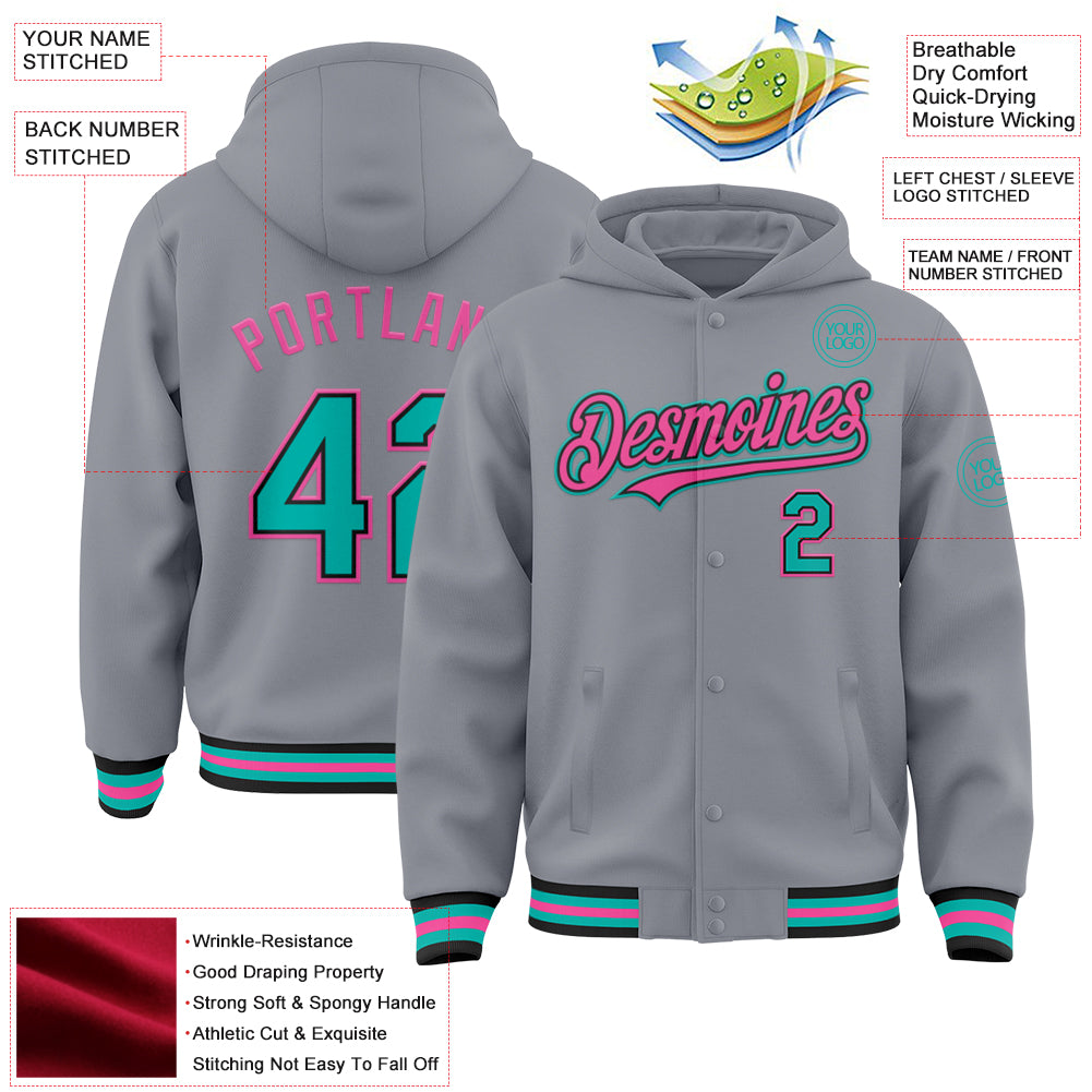 Custom Gray Aqua Black-Pink Bomber Full-Snap Varsity Letterman Hoodie Jacket