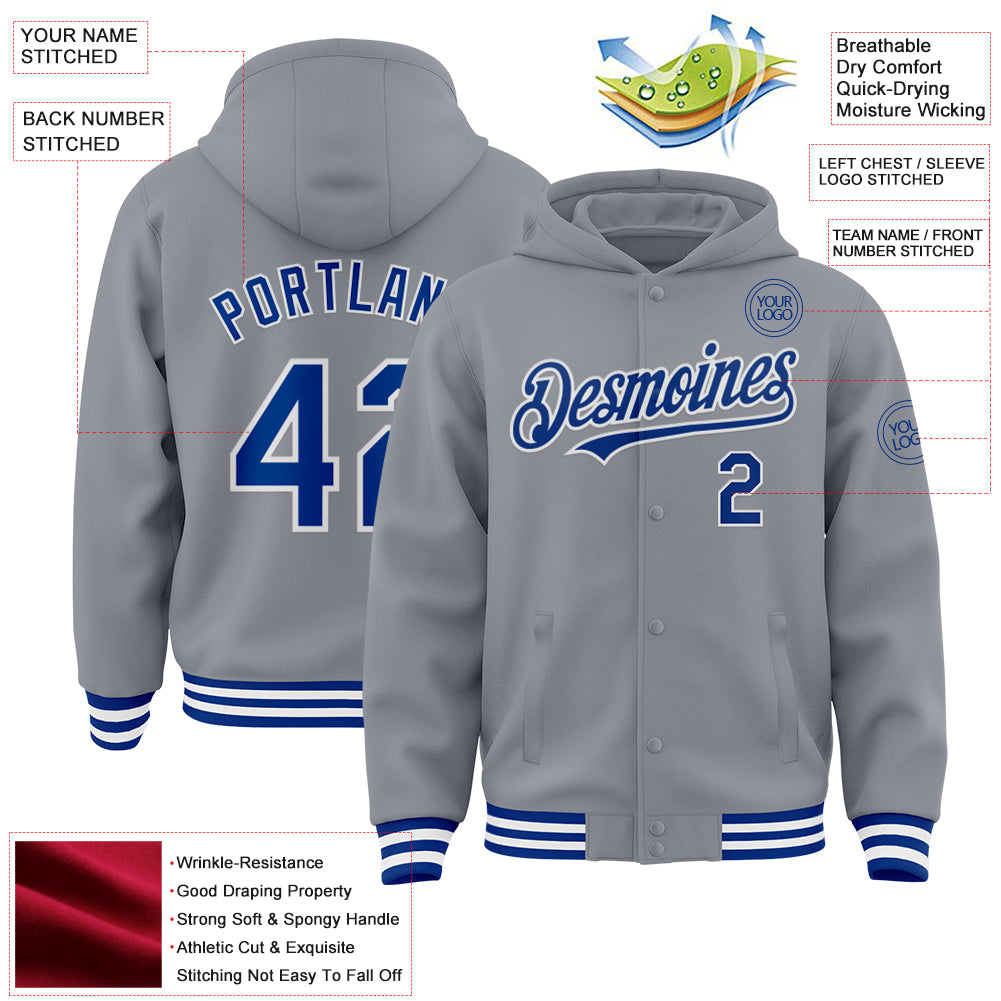 Custom Gray Royal-White Bomber Full-Snap Varsity Letterman Hoodie Jacket