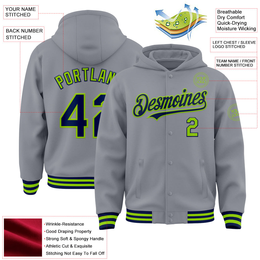 Custom Gray Navy-Neon Green Bomber Full-Snap Varsity Letterman Hoodie Jacket