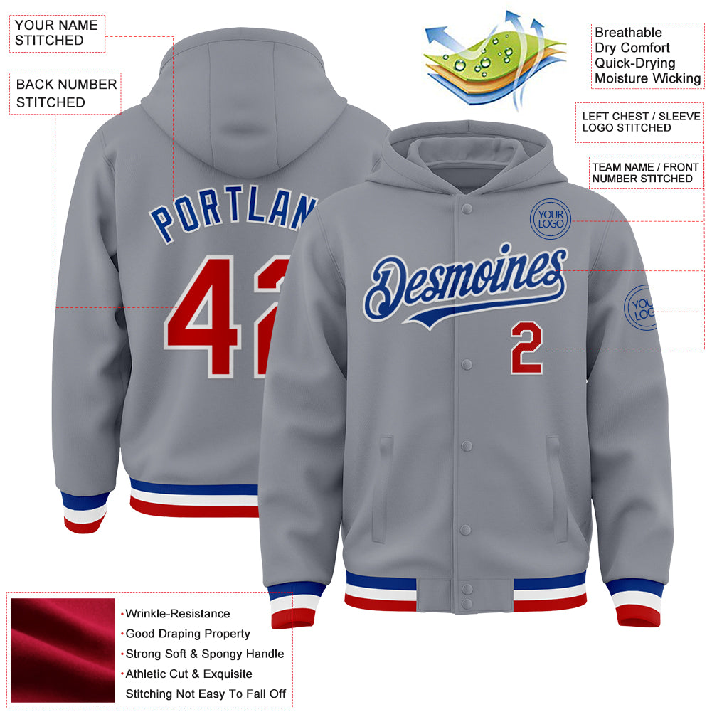 Custom Gray Red-Royal Bomber Full-Snap Varsity Letterman Hoodie Jacket