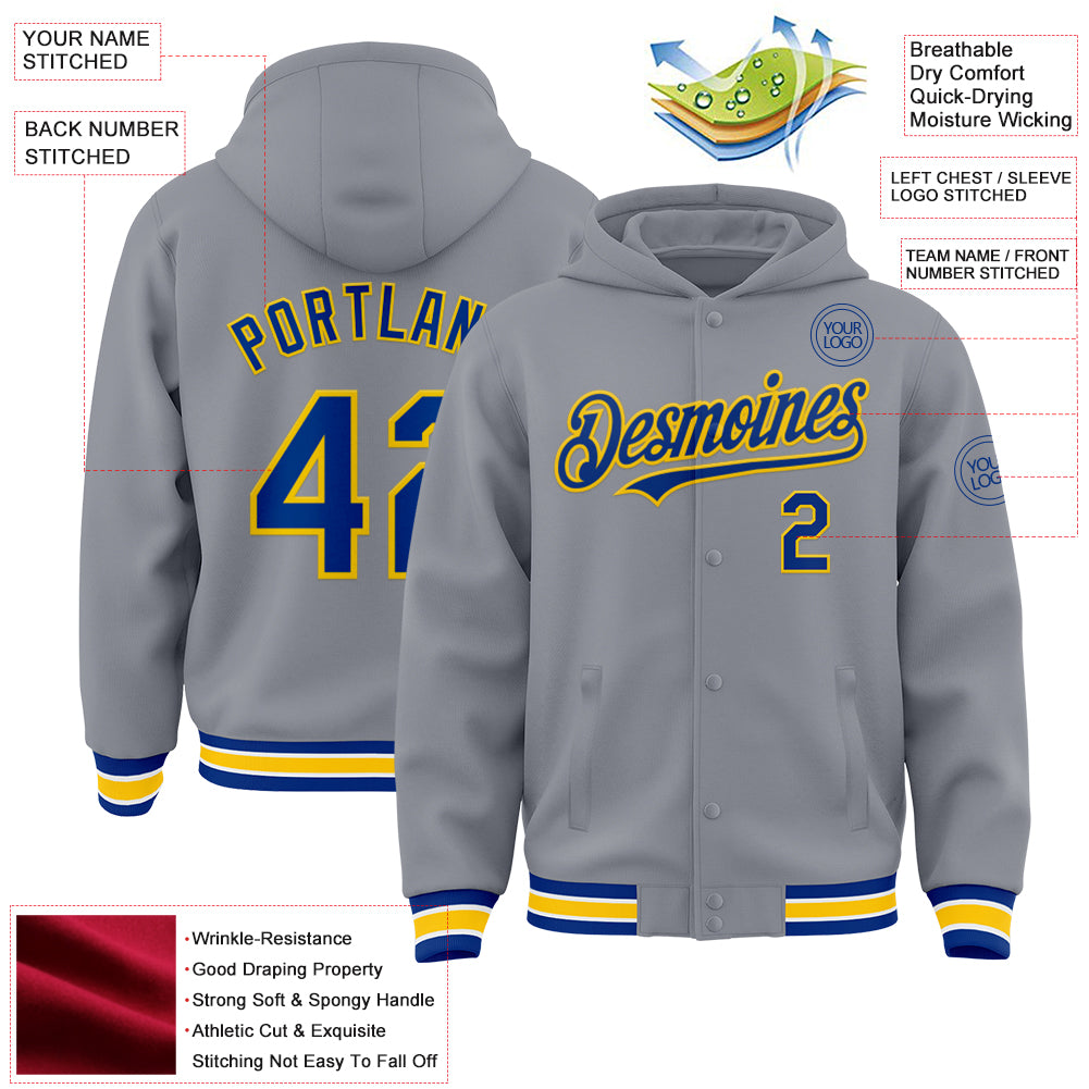 Custom Gray Royal-Yellow Bomber Full-Snap Varsity Letterman Hoodie Jacket