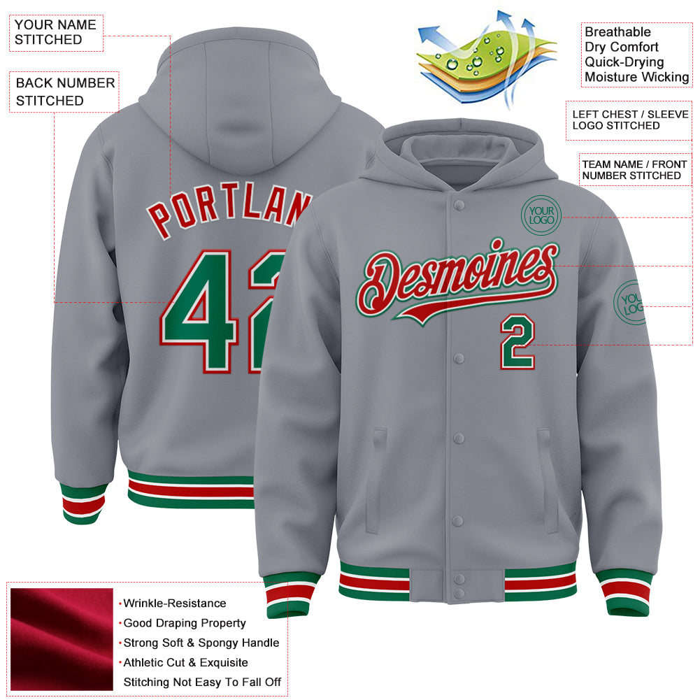 Custom Gray Kelly Green-Red Bomber Full-Snap Varsity Letterman Hoodie Jacket