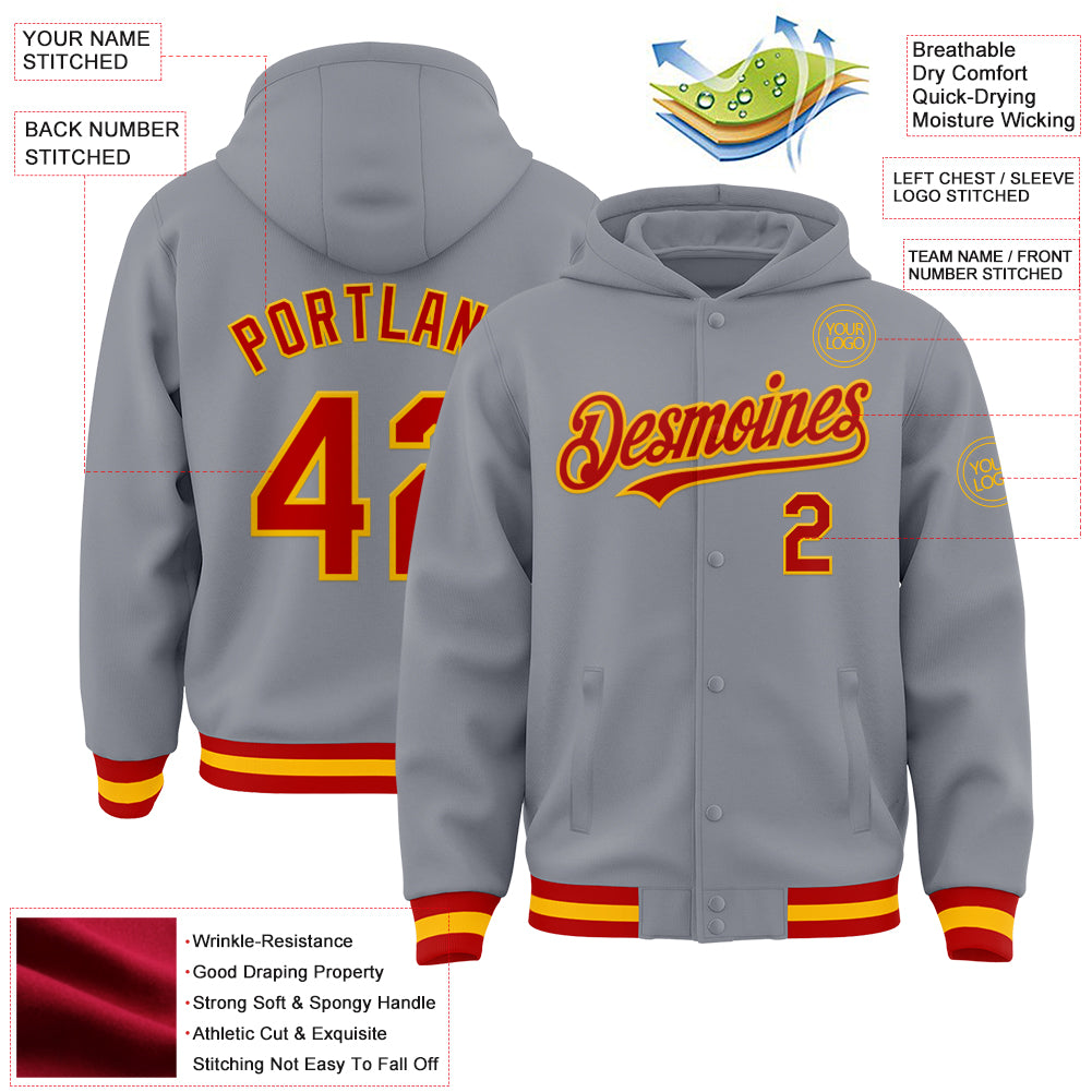 Custom Gray Red-Gold Bomber Full-Snap Varsity Letterman Hoodie Jacket