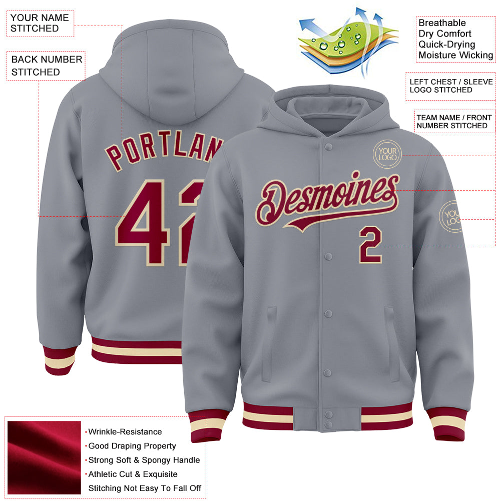 Custom Gray Maroon-Cream Bomber Full-Snap Varsity Letterman Hoodie Jacket